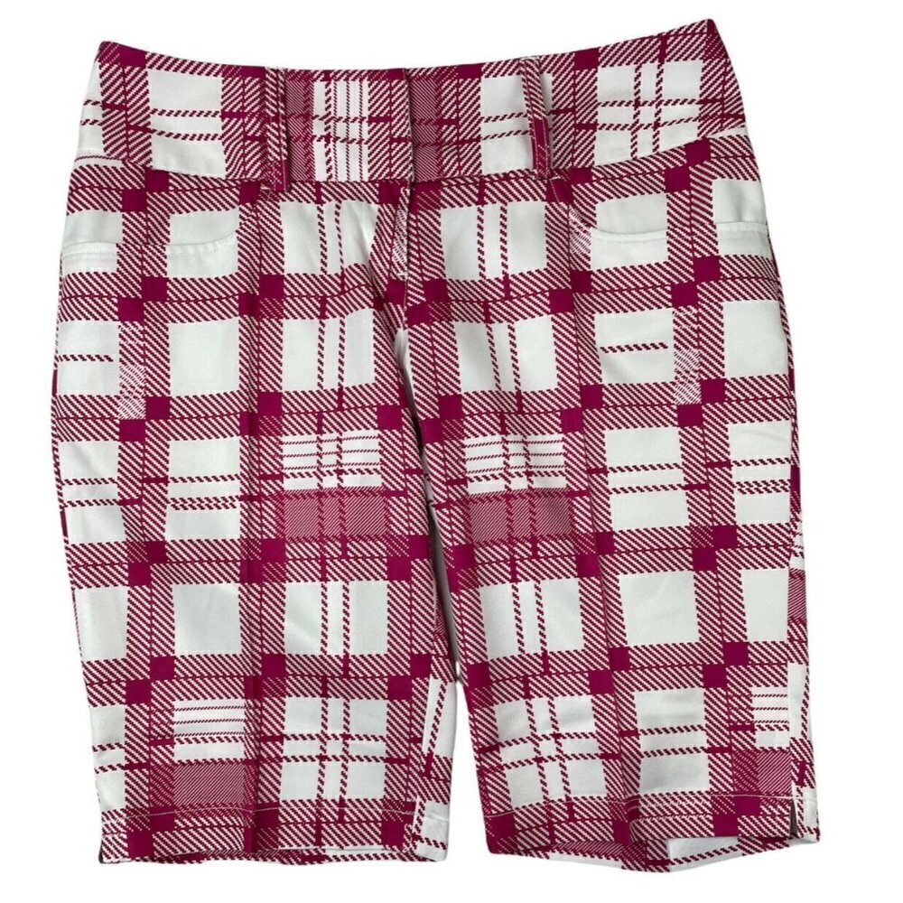 ADIDAS CLIMATE Bermuda Golf Shorts Women’s 4 Plaid Red/White Lightweight